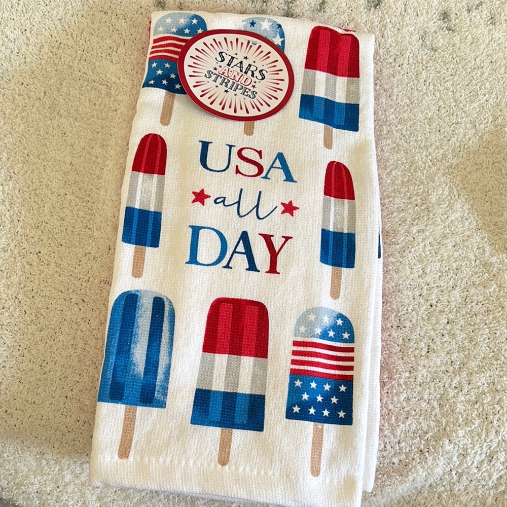 USA All Day July 4 Summer Popsicle Kitchen Towels Set of 2 NWT Cotton